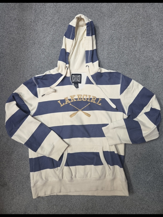 Lake Girl Tops - Lakegirl Navy & Cream Striped Hooded Pullover Sweatshirt